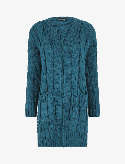 Gilet long en maille tressée - Bleu canard - 1
