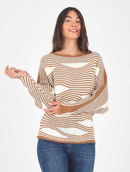 Pull ample à motif rayé fantaisie - Camel - 4