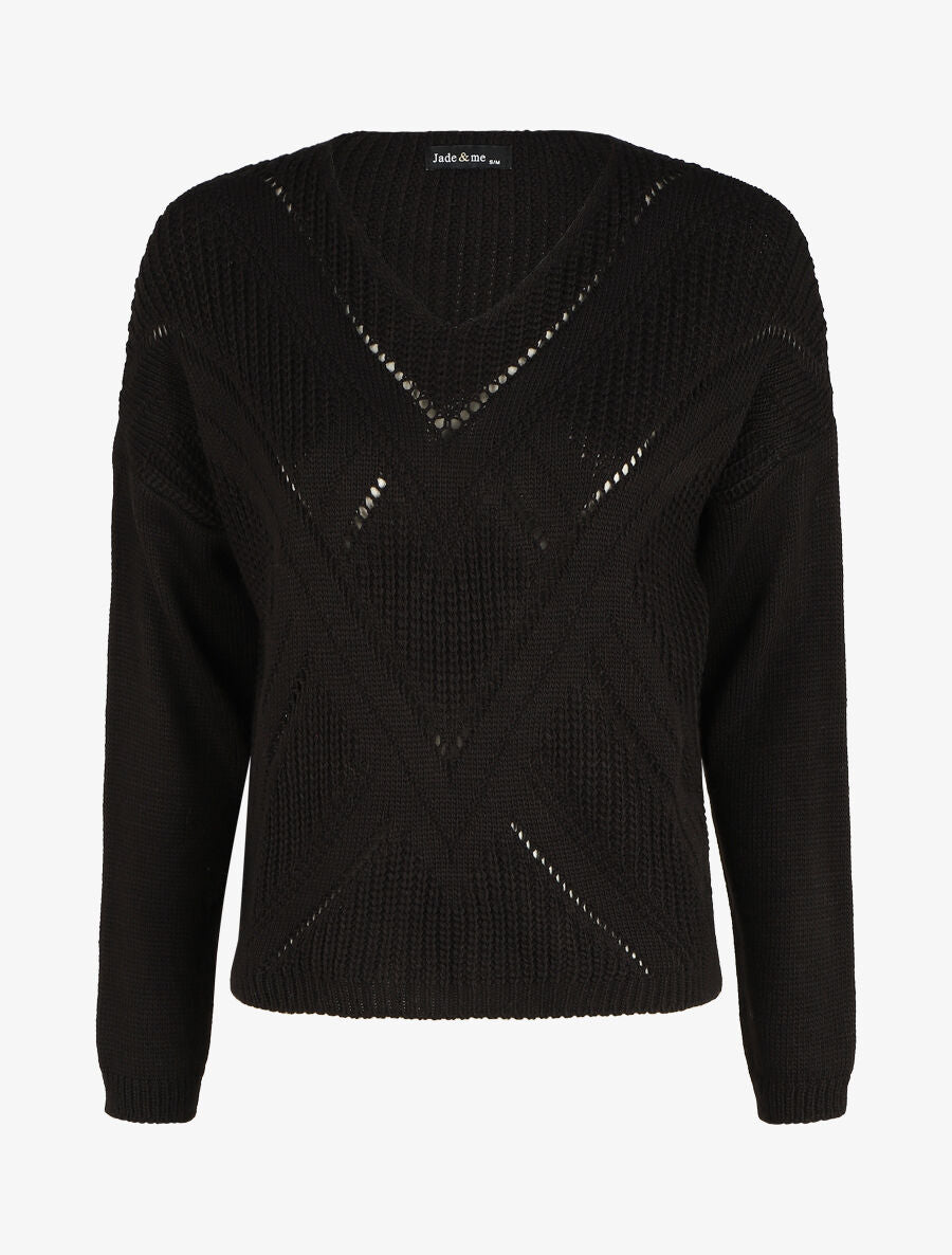 Pull droit col V uni - Noir - 4