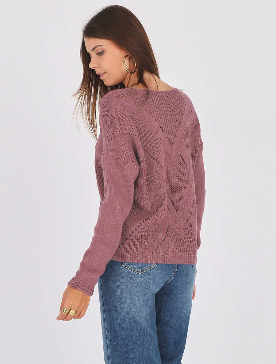 Pull droit col V uni - Vieux rose - 5