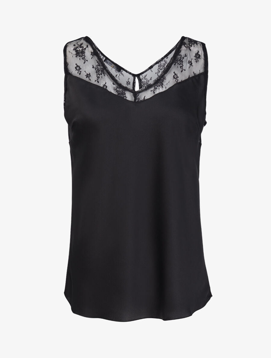 Top satiné à épaules en dentelle - Noir - 1