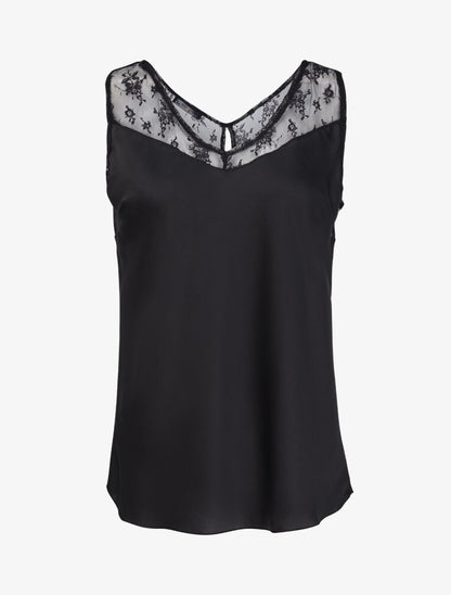Top satiné à épaules en dentelle - Noir - 1