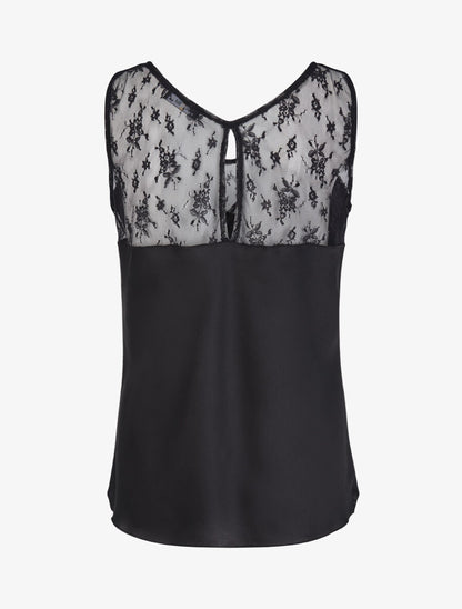 Top satiné à épaules en dentelle - Noir - 2
