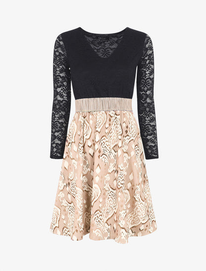 Robe à imprimé graphique et dentelle - Beige - 1