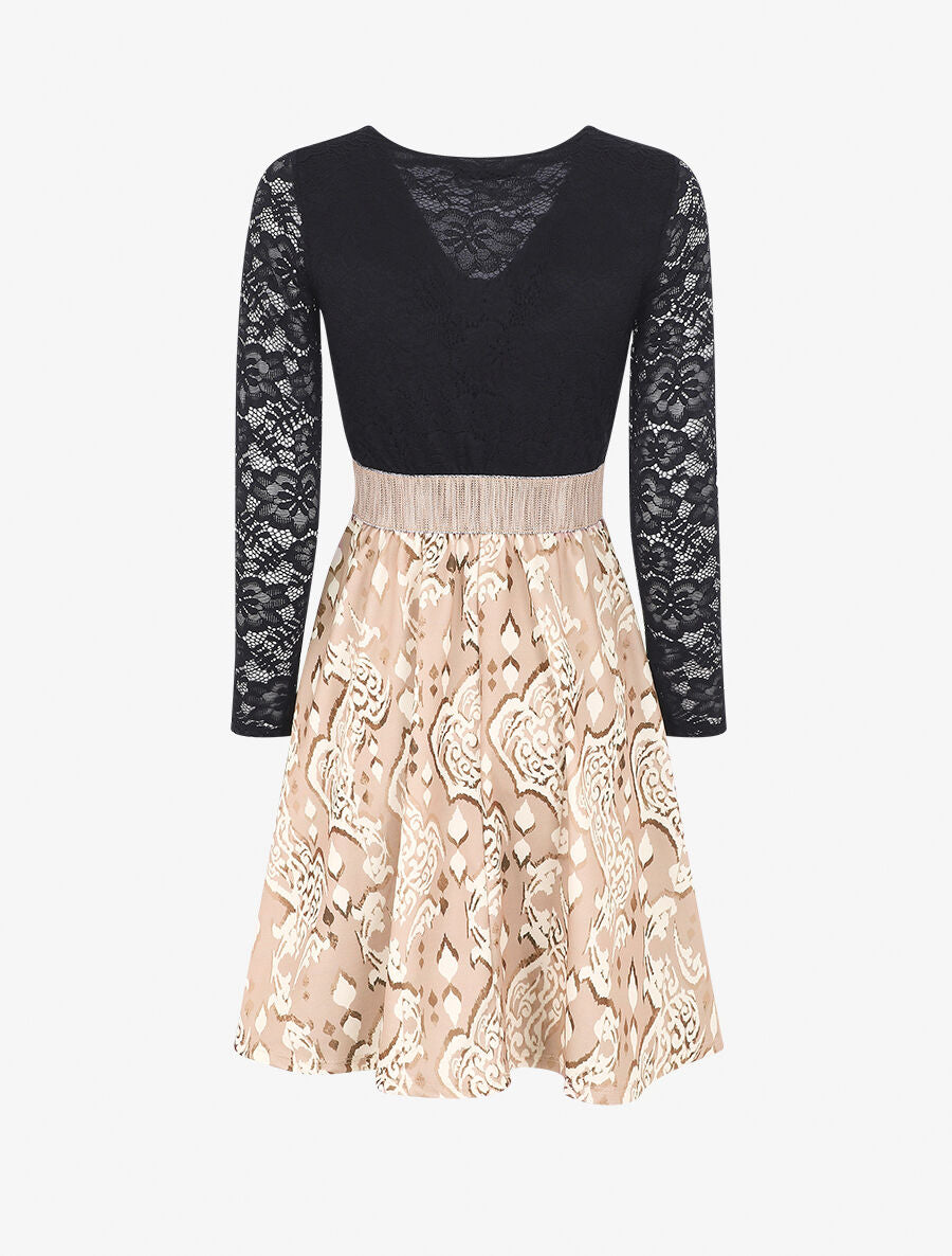 Robe à imprimé graphique et dentelle - Beige - 2