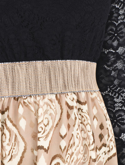 Robe à imprimé graphique et dentelle - Beige - 3