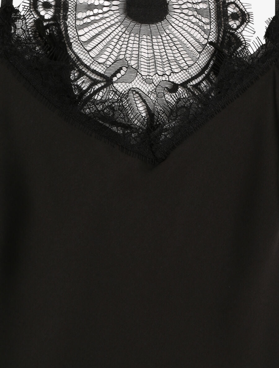 Caraco satiné à dos nageur en dentelle stylisée - Noir - 3