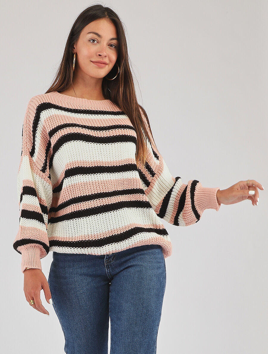 Pull loose à rayures - Rose - 4