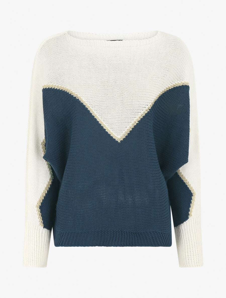 Pull loose col bateau et motif en V - Blanc/bleu - 4