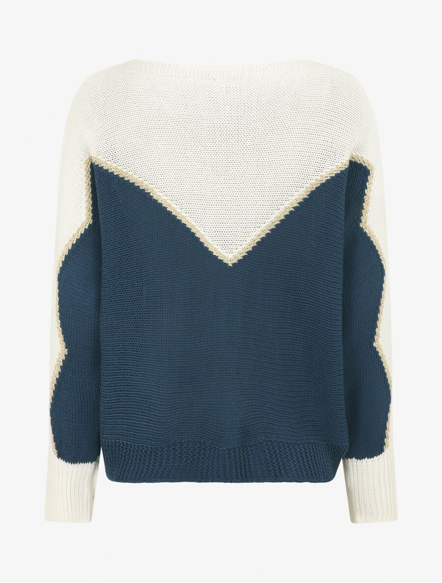 Pull loose col bateau et motif en V - Blanc/bleu - 2