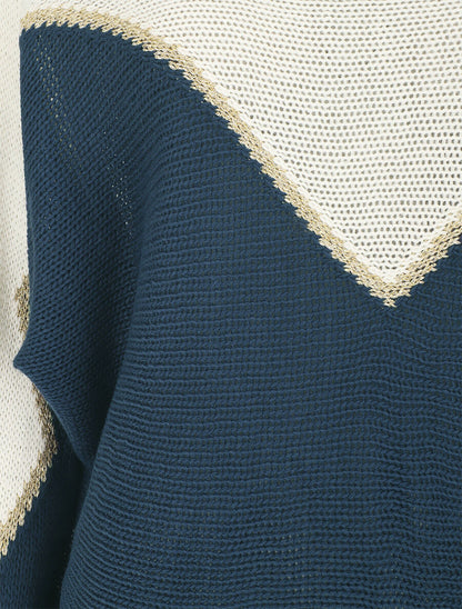Pull loose col bateau et motif en V - Blanc/bleu - 3