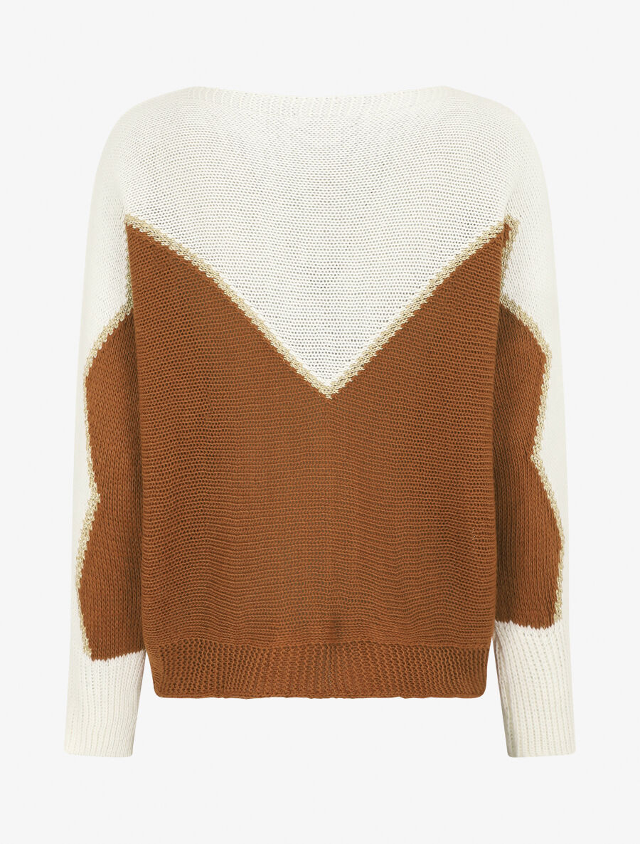 Pull loose col bateau et motif en V - Blanc/camel - 2