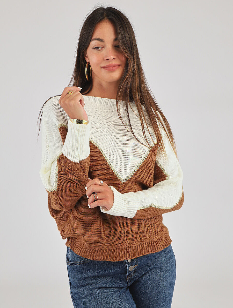 Pull loose col bateau et motif en V - Blanc/camel - 4