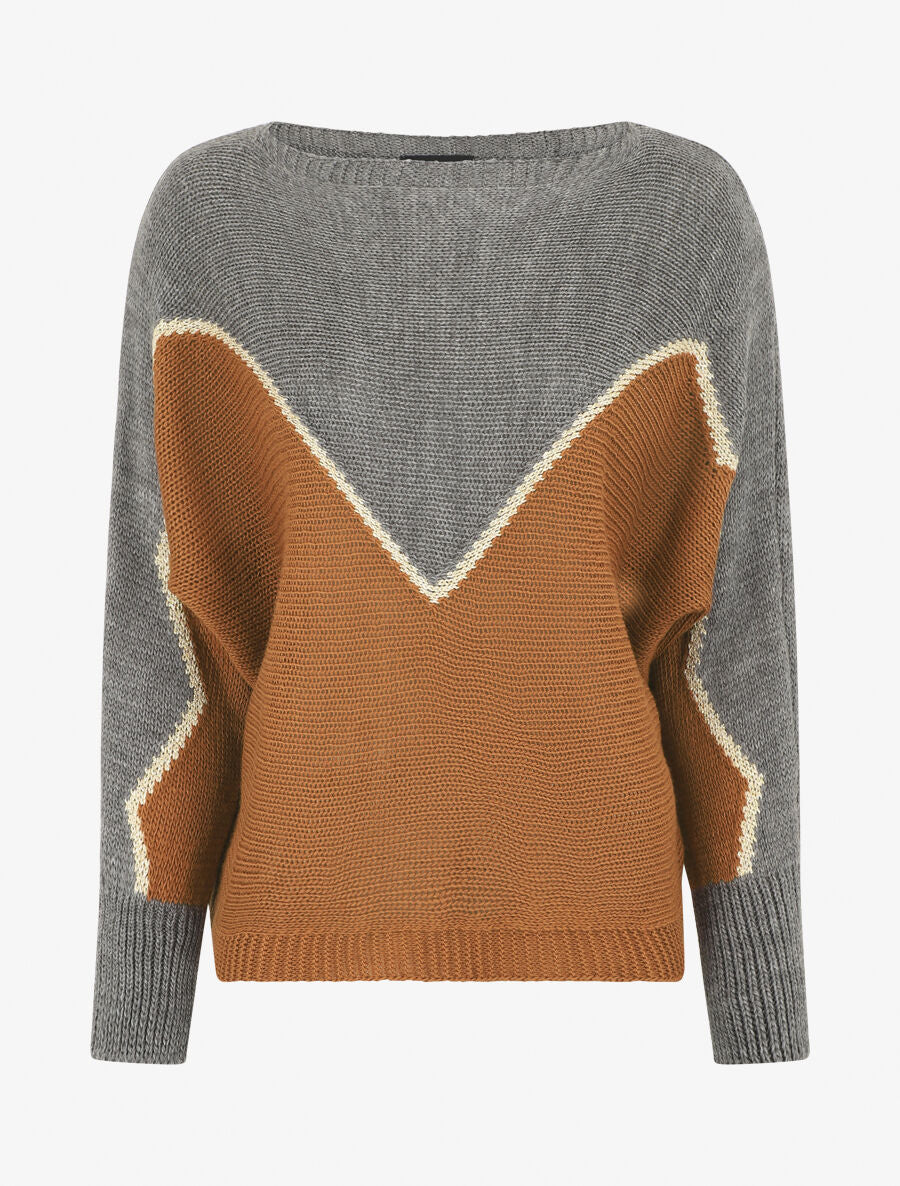 Pull loose col bateau et motif en V - Gris/camel - 4