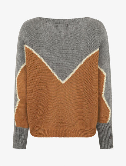Pull loose col bateau et motif en V - Gris/camel - 2