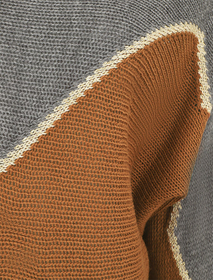 Pull loose col bateau et motif en V - Gris/camel - 3