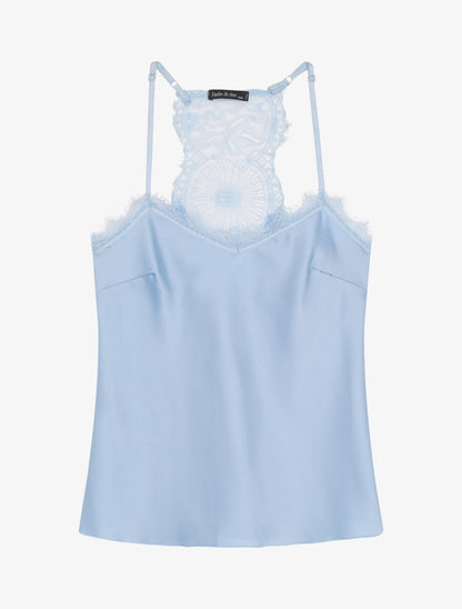 Caraco satiné à dos nageur en dentelle stylisée - Bleu ciel - 1