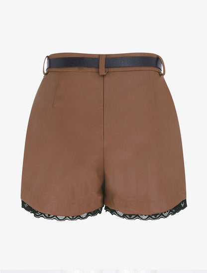 Short en simili à détail dentelle - Camel - 2