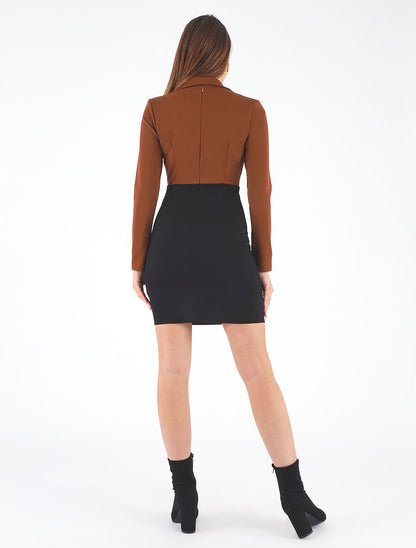 Robe courte col cache-coeur boutonné - Camel - 5
