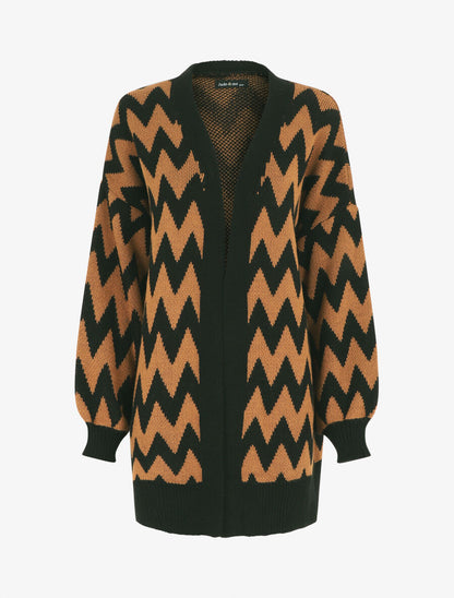 Gilet oversize mi-long motif zigzag - Camel/noir - 4