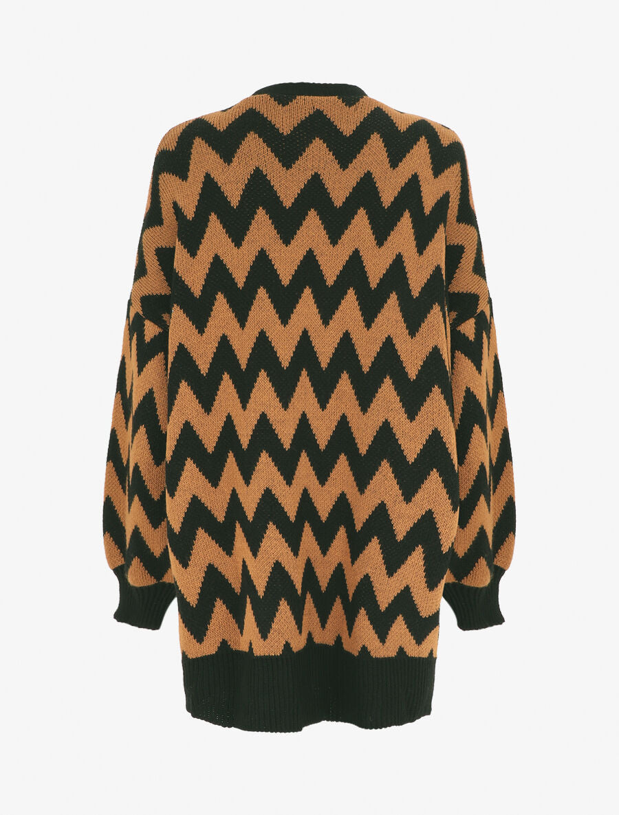 Gilet oversize mi-long motif zigzag - Camel/noir - 2