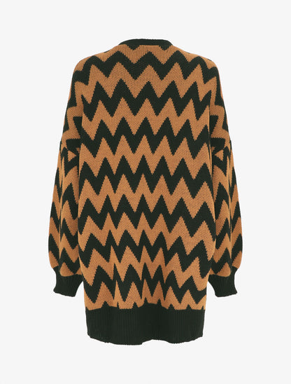 Gilet oversize mi-long motif zigzag - Camel/noir - 2