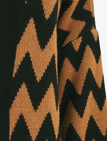 Gilet oversize mi-long motif zigzag - Camel/noir - 3