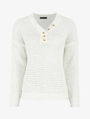 Pull droit uni col V boutonné - Blanc - 1