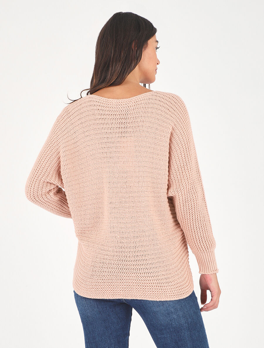 Pull ample uni maille fantaisie - Rose - 5