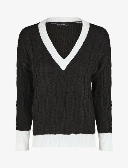 Pull droit col V en maille tressée - Noir - 1
