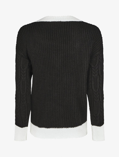 Pull droit col V en maille tressée - Noir - 2