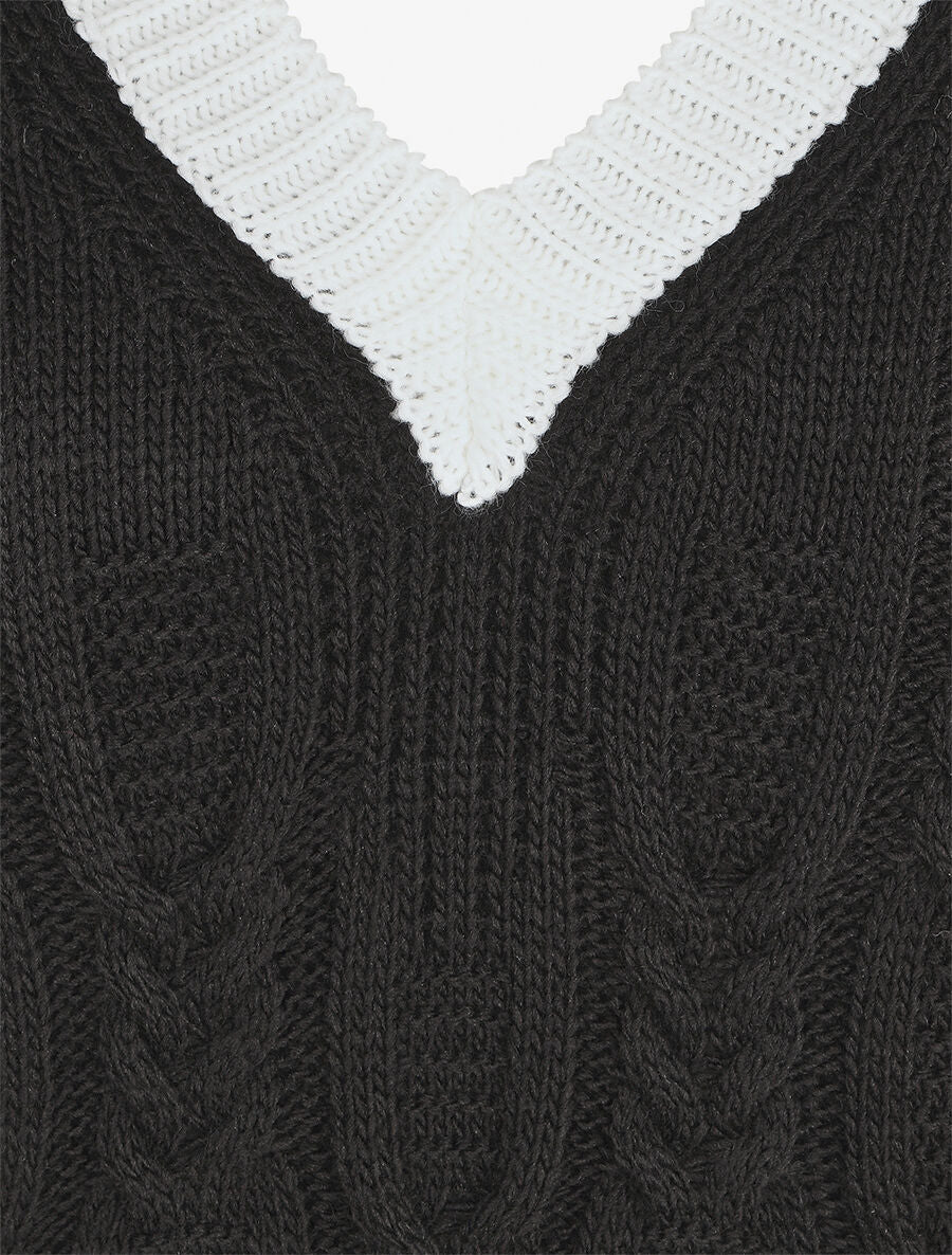 Pull droit col V en maille tressée - Noir - 3