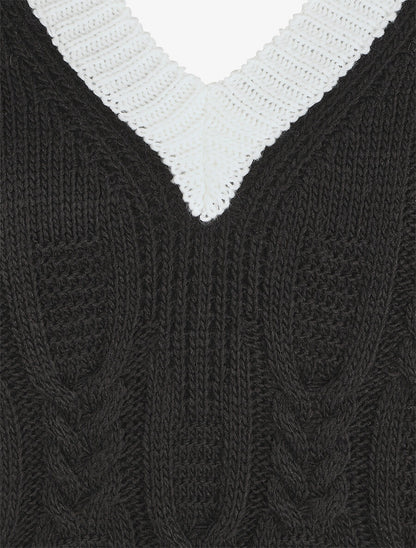 Pull droit col V en maille tressée - Noir - 3