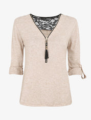 Pull droit uni à zip et dentelle - Beige - 1