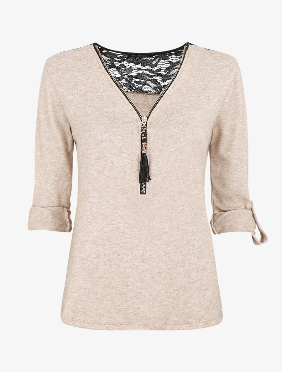 Pull droit uni à zip et dentelle - Beige - 1