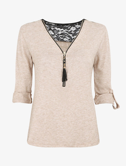 Pull droit uni à zip et dentelle - Beige - 1