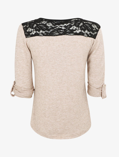 Pull droit uni à zip et dentelle - Beige - 2