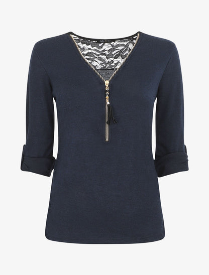 Pull droit uni à zip et dentelle - Marine - 1