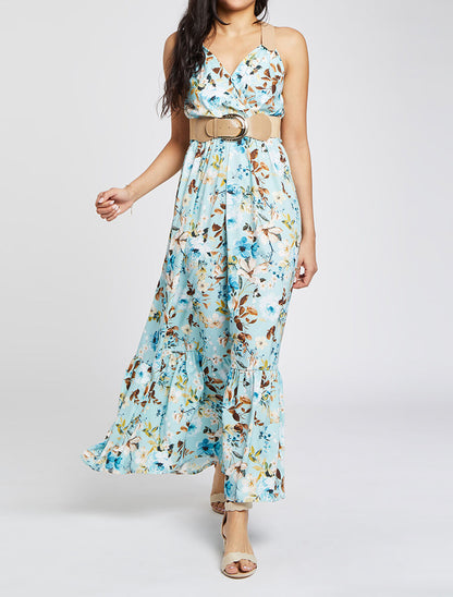Robe longue coupe patineuse imprimé fleuri à bretelles en simili - Vert d&