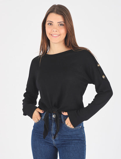Pull droit uni à noeud et boutons - Noir - 4