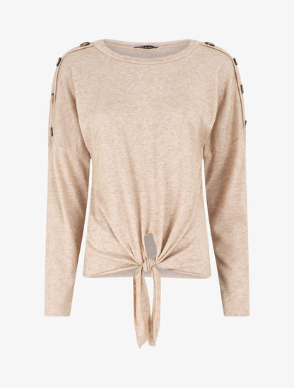 Pull droit uni à noeud et boutons - Beige - 1