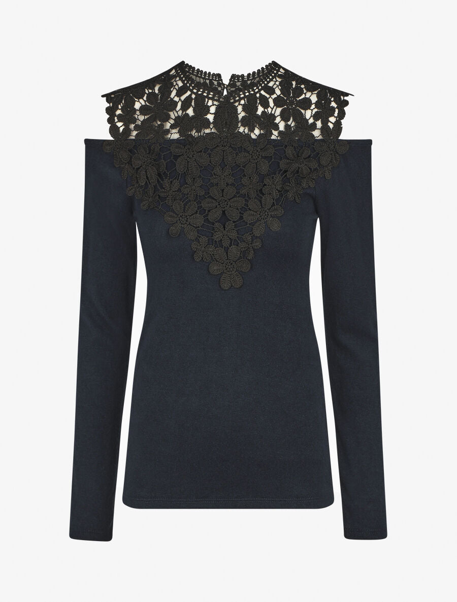 Pull droit à épaules dénudées et crochet - Marine - 6
