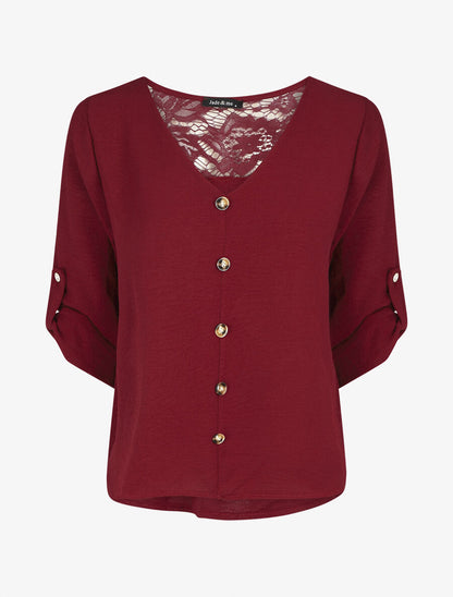 Top droit col V boutonné et dentelle - Bordeaux - 6