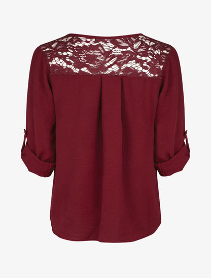 Top droit col V boutonné et dentelle - Bordeaux - 2