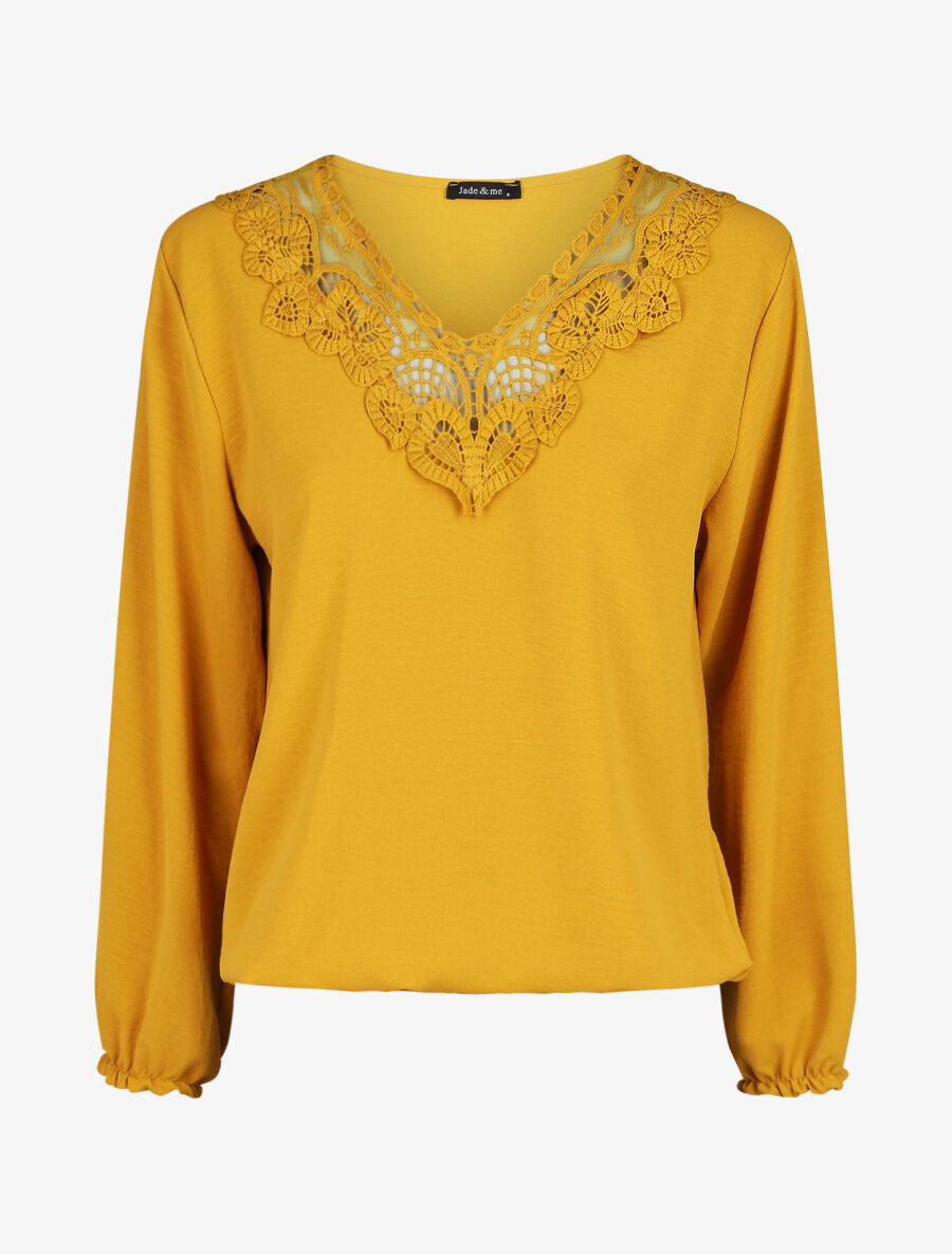 Top élastiqué col V en dentelle - Jaune - 1