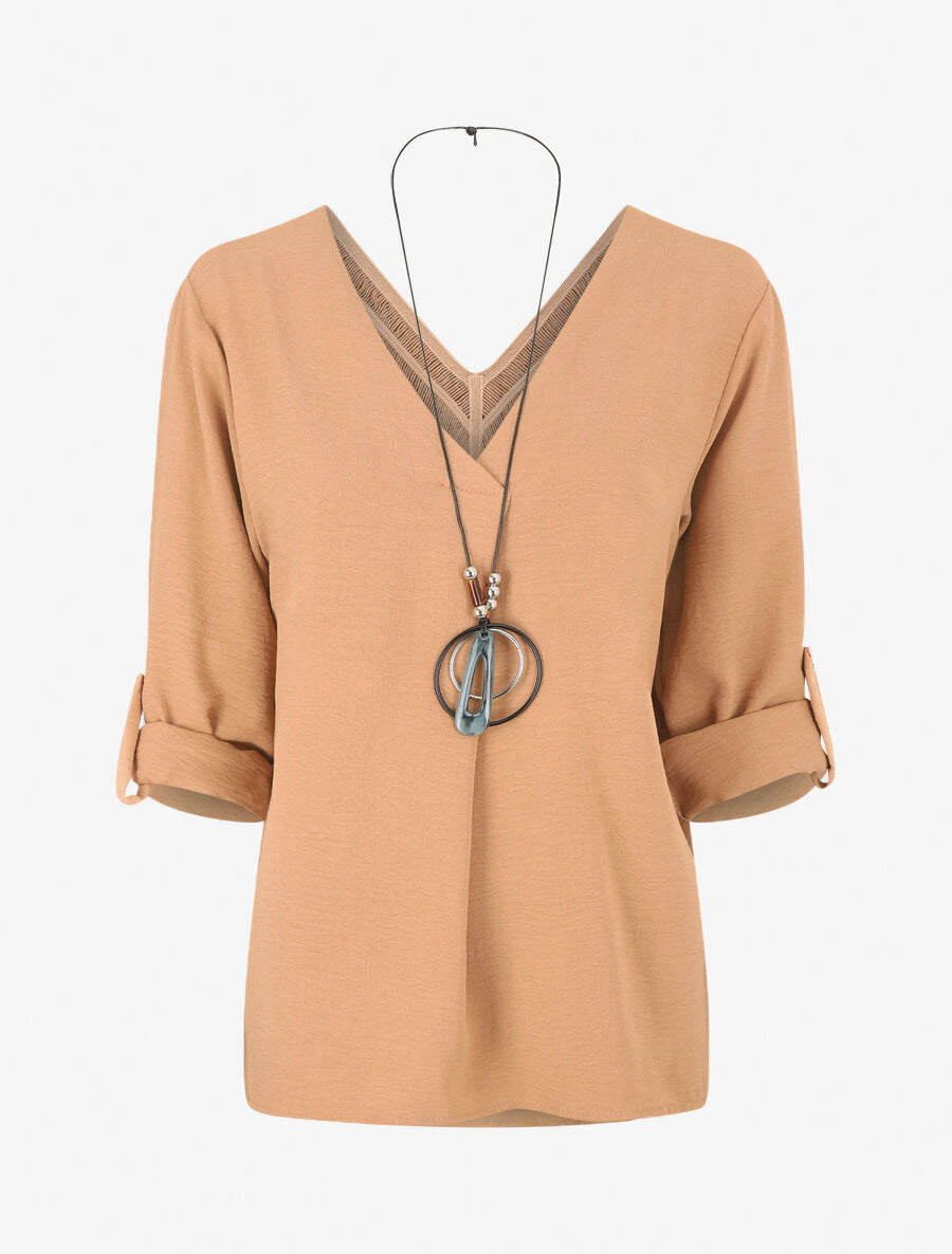 Blouse uni à dos ajouré - Camel - 4