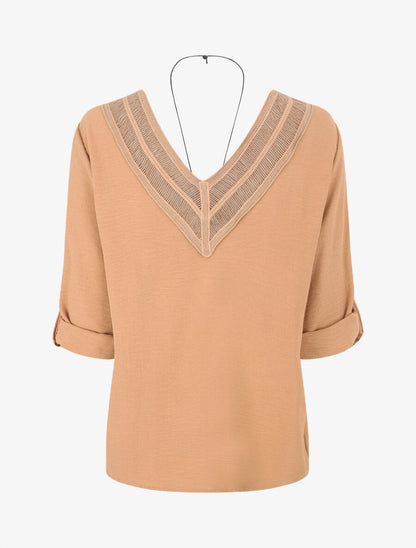 Blouse uni à dos ajouré - Camel - 2