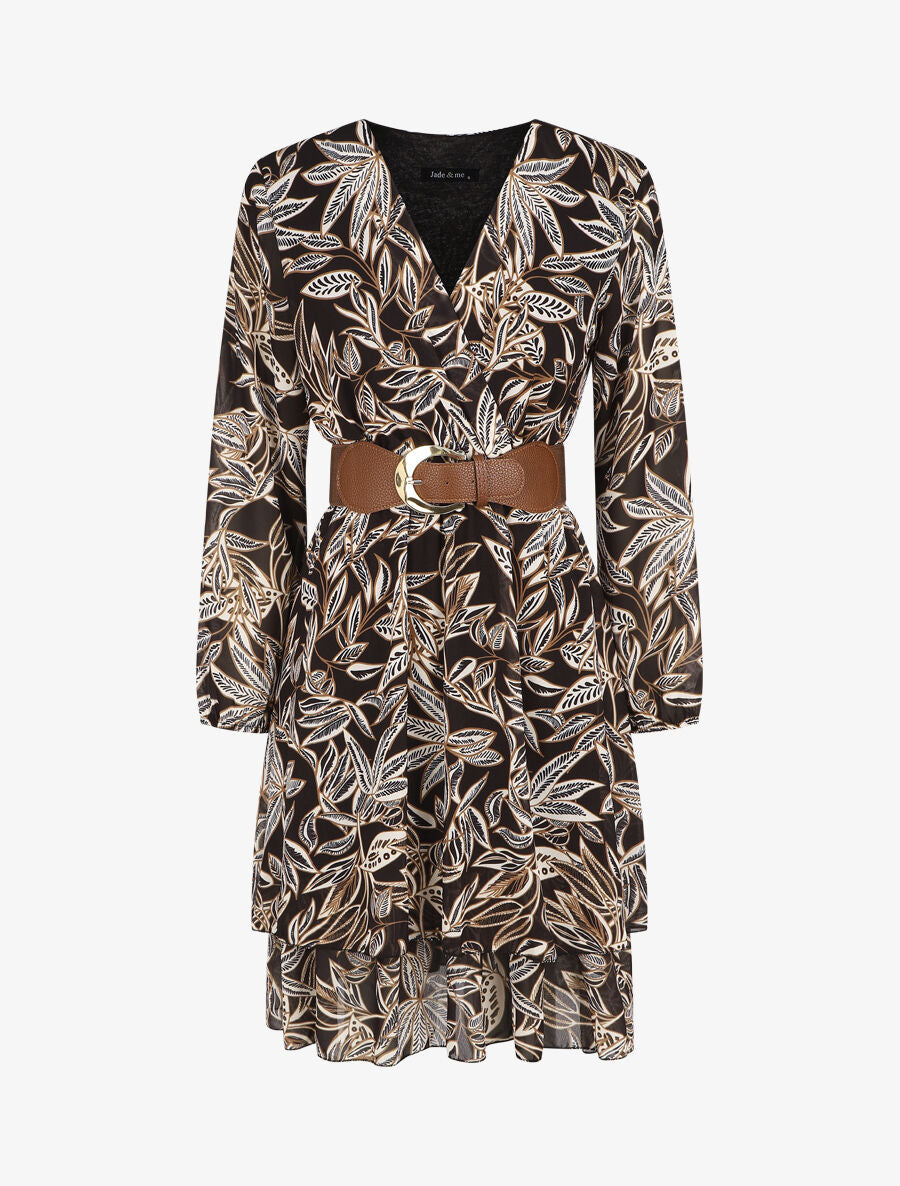 Robe mi-longue motif feuilles - Noir - 1