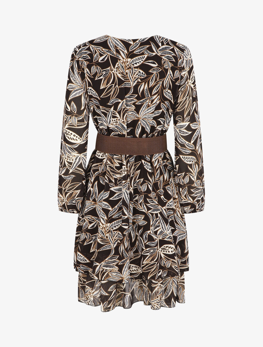 Robe mi-longue motif feuilles - Noir - 2