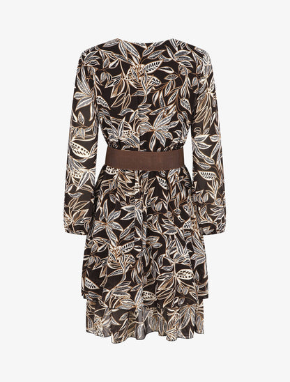 Robe mi-longue motif feuilles - Noir - 2